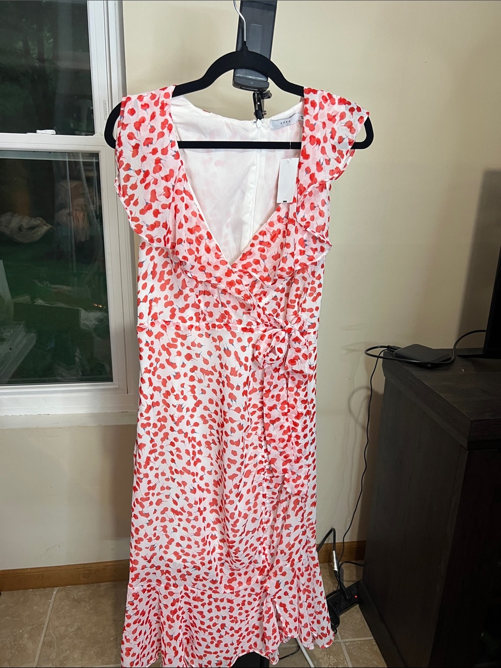 Lush White Midi Wrap Dress with Red Floral Print